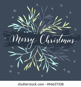 Vector hand written greeting Merry Christmas. Elegant lettering. Winter background. Pastel color holiday card with modern calligraphy.