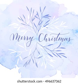 Vector hand written greeting Merry Christmas. Elegant lettering. Winter background. Pastel color holiday card with modern calligraphy.