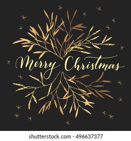 Vector hand written greeting Merry Christmas. Elegant lettering. Winter background. Pastel color holiday card with modern calligraphy.