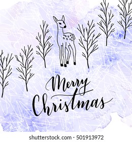Vector hand written greeting Merry Christmas. Elegant lettering. Winter background. Pastel color holiday card with modern calligraphy.
