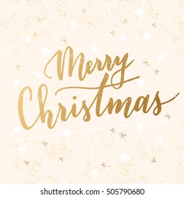 Vector hand written greeting Merry Christmas. Elegant lettering. Winter background. Pastel color holiday card with modern calligraphy.