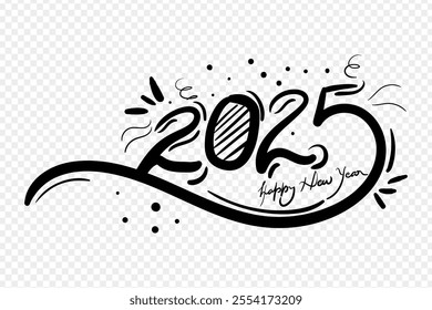 Vector hand written Happy New Year 2025 calligraphy on transparent background