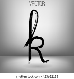 Vector hand written letter k. Hand drawn letter with dry brush. Black paint. Grey background. Soft shadow. Calligraphic. Grunge. Alphabet symbol. Lower case character. Ink