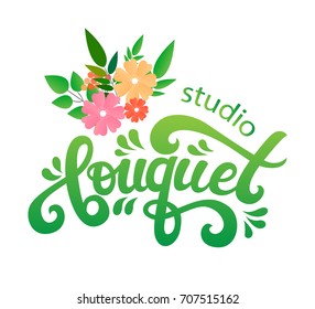 Vector hand written lettering Bouquet text. Lettering vector  EPS 10 calligraphy word isolated on the background. Fun brush ink typography for shop logotype, t-shirt print, flyer, decor elements