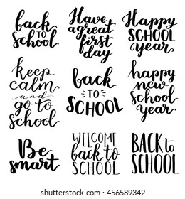 Vector hand written lettering quotes. Modern calligraphy phrases. Back to school, be smart. Black ink on white isolated background.