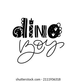 Texto grabado a mano vectorial monoline scandinavian con letras Dino Boy. Cita para el cartel de bebé, el concepto de póster y pegatina. Frase de mensaje de icono aislada. Ilustración de logotipo simple caligráfica.