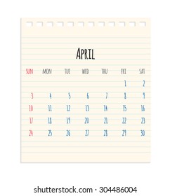 Vector hand written monthly April calendar of year 2016 over school paper sheet