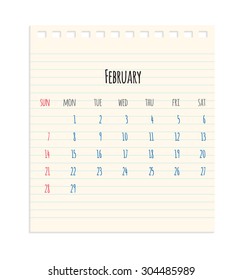 Vector hand written monthly February calendar of year 2016 over school paper sheet