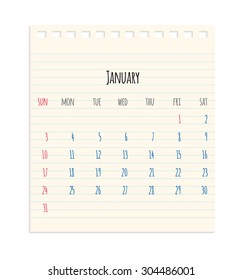 Vector hand written monthly January calendar of year 2016 over school paper sheet