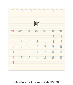 Vector hand written monthly July calendar of year 2016 over school paper sheet