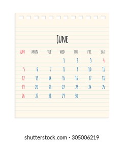 Vector hand written monthly June calendar of year 2016 over school paper sheet