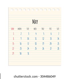 Vector hand written monthly May calendar of year 2016 over school paper sheet