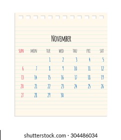 Vector hand written monthly November calendar of year 2016 over school paper sheet