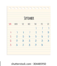 Vector hand written monthly September calendar of year 2016 over school paper sheet