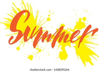 Vector hand written orange word summer on yellow hand drawn blotch.