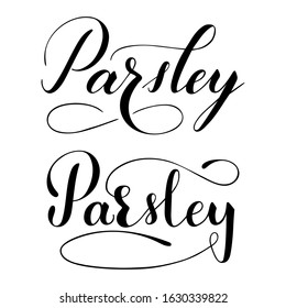Vector hand written parsley text isolated on white background. Kitchen healthy herbs and spices for cooking. Script brushpen lettering with flourishes. Handwriting for banner, poster, product label