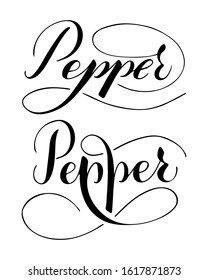 Vector hand written pepper text isolated on white background. Kitchen healthy herbs and spices for cooking. Script brushpen lettering with flourishes. Handwriting for banner, poster, product label
