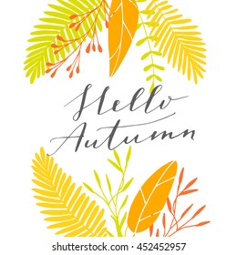 Vector hand written phrase "hello autumn". Modern brush lettering, calligraphic quote.