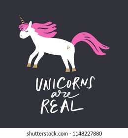 Vector hand written quote, cartoon unicorn art. Stylish print for poster, postcard, t-shirt. 