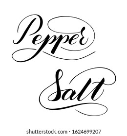 Vector hand written salt and pepper text isolated on white background. Kitchen healthy spices for cooking. Script brushpen lettering with flourishes. Handwriting for banner, poster, product label
