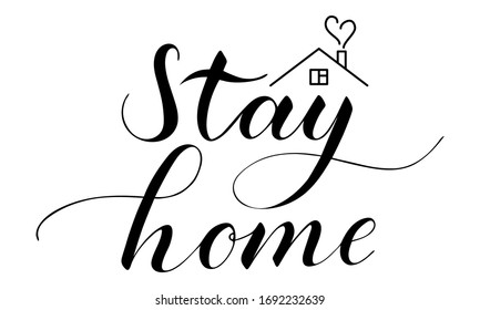 Vector hand written stay home text isolated on white background. Quarantine poster. Script brushpen lettering with flourishes. Coronavirus awareness handwriting. Social distancing