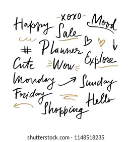 Vector hand written text stickers, overlays for planner, scrapbooking and more. Decor elements, isolated.