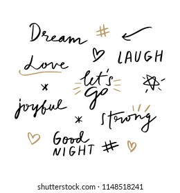 Vector hand written text stickers, overlays for planner, scrapbooking and more. Decor elements, isolated.