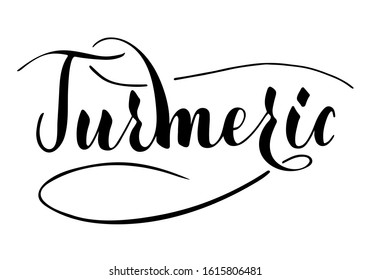 Vector hand written turmeric text isolated on white background. Kitchen healthy herbs and spices for cooking. Script brushpen lettering with flourishes. Handwriting for banner, poster, product label