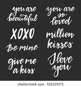 Vector hand written Valentine's day quotes set in white color. Isolated calligraphy design. Hand lettering clap art, wedding typography
