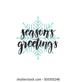 Vector hand written winter phrase - Season's greetings. Black calligraphy poster isolated on white background with blue snowflake. Great print for your design