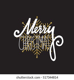 Vector hand written winter phrase - Merry Christmas. White  calligraphy poster isolated on black background with golden glitter snowflake. Great print for your design