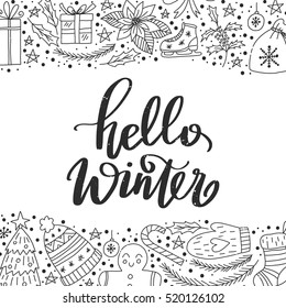 Vector hand written winter phrase - Hello winter. Black calligraphy poster isolated on white background with doodled christmas elements