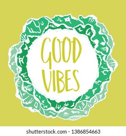 Vector hand written words Good Vibes in a frame of hand drawn emerald waves on yellow backgroung. Summer illustation for poster, postcard, banner or logo. 