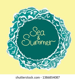 Vector hand written words Sea&Summer in a frame of hand drawn emerald waves on sand color backgroung. Summer vacation illustation for poster, postcard, banner or logo. 