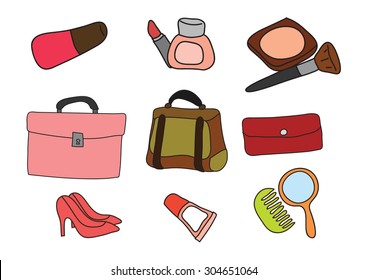 vector handbag and cosmetic cartoon freehand drawing