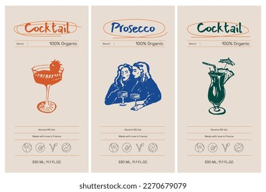 Vector handcrafted drink sticker set for packaging design