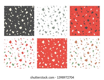 Vector handcrafted paper cut colorful textures. Italian terrazzo, set of abstract seamless patterns. Modern trend illustration.