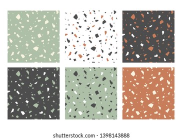 Vector handcrafted paper cut textures. Italian terrazzo, set of colorful abstract seamless patterns. Modern trend illustration.