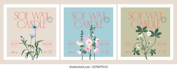 Vector handcrafted soy wax candle sticker set for packaging design