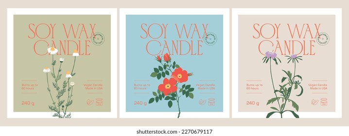 Vector handcrafted soy wax candle sticker set for packaging design