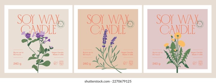 Vector handcrafted soy wax candle sticker set for packaging design