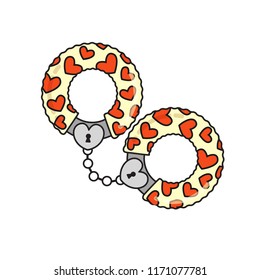 Vector Handcuffs witj hearts design sex toy icon for adult stor and sex shop isolated from white background.  Flat linear style handcuffs