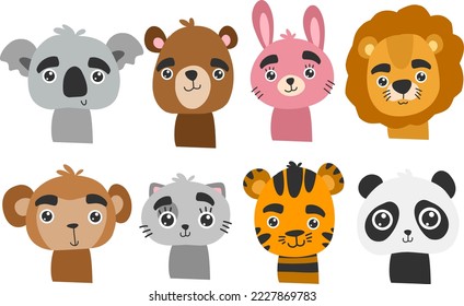 Vector handdraw Cartoon cute animals faces for baby card, poster, nursery, apparel, invitation.illustration.