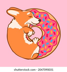 Vector hand-draw doodle corgi with donut and sprinkling. Idea for prints, icons, illustrations, pattern, backgrounds and stickers.