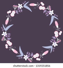 Vector hand-draw floral wreath in dodle style. Illustration on blue and pink colors