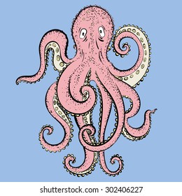 Vector hand-drawing cartoon pink octopus on a blue background.