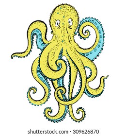 Vector hand-drawing cartoony ellow octopus on a white background.