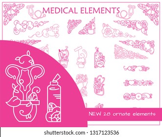 Vector hand-drawing elements. Cute medical tiny signs, symbols, arts, arrows, corners. Perfect for hospitals, doctors, clinic design, template for paper design, frames, banners, dividers. Kawaii pink