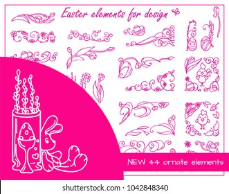 Vector hand-drawing elements. Lovely Easter tiny signs, symbols, corners, ribbons. Template for frames, banners, dividers. Cutie chickens, eggs, Tulips, flowers and leaves elements. Kawaii pink color