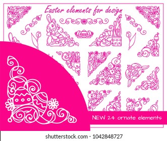 Vector hand-drawing elements. Lovely Easter tiny signs, symbols, icons, triangles, corners. Template for frames, banners, dividers. Cutie eggs, bunnies, flowers and leaves elements. Kawaii pink color

